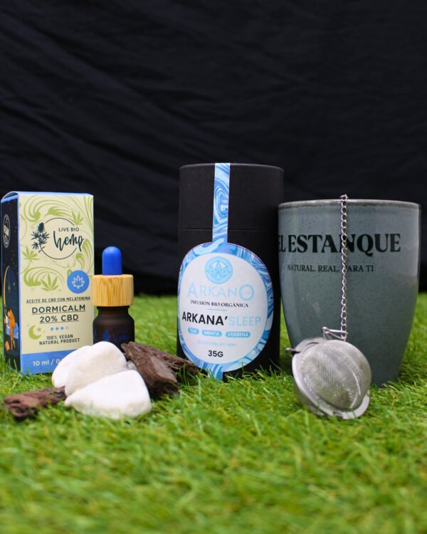 Pack Dulces Sueños con infusión de CBD, aceite con melatonina, bola infusora y taza personalizada de El Estanque.